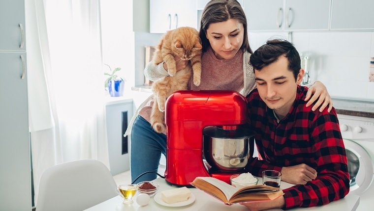 Junges glückliches Paar, das auf Küche mit Küchenmaschine kocht und Katze hält. Frauen- und Mannleserezept und -umarmen. Lebensstil