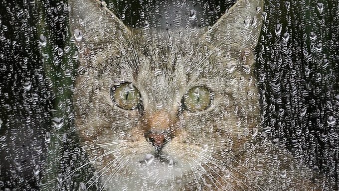 cat behind window in winter storm