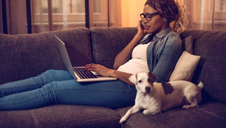 Lächelnde Afroamerikanerfrau, die auf dem Sofa mit ihrem Hund sitzt und auf Laptop bei der Unterhaltung am Handy schreibt.