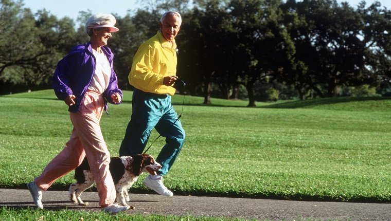 Ältere Paare, die im Park mit ihrem Hund rütteln