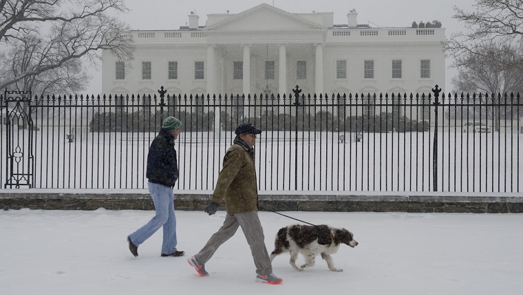 Menschen gehen mit einem Hund während eines Schneesturms vor dem Weißen Haus in Washington, DC, 3. März 2014. Am frühen Montag begann es in der Hauptstadt des Landes zu schneien, und Beamte warnten die Menschen, sich von tückischen, vereisten Straßen fernzuhalten, eine Szene, die zu einer Szene geworden ist den Bewohnern des Mittleren Westens, des Ostens und sogar des tiefen Südens in diesem Jahr bekannt. Die Schulen wurden abgesagt, der Busverkehr wurde stellenweise eingestellt, und die Mitarbeiter der Bundesregierung in der Region DC wurden aufgefordert, am Montag zu Hause zu bleiben. 