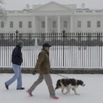 People walk a dog during a snow storm in front of the White House in Washington, DC, March 3, 2014. Snow began falling in the nation