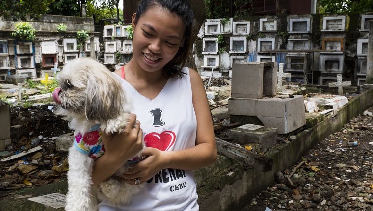 Junge Frau mit ihrem Hund, am Calamba-Friedhof, Cebu City, Cebu, Philippinen