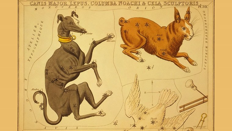 VEREINIGTES KÖNIGREICH - CIRCA 1825: Astronomische Karte, die einen Hund, ein Kaninchen, Noahs Taube und Bildhauerwerkzeuge zeigt, die die Sternbilder bilden. (Foto von Buyenlarge / Getty Images)