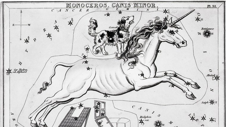 (Originalunterschrift) Abbildung mit Blick auf den Himmel mit den Sternbildern Monoceros, Canis Minor und Atelier Typographique. Undatierte Gravur.