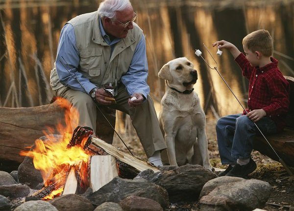 Grandfather And Grandson Roast Marshmallows On The Beach