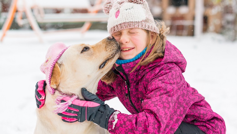 Horizontales Bild eines 8-jährigen Mädchens und ihres gelben Labrador-Retriever-Hundes, der einen rosa Hut an einem kalten Wintertag trägt