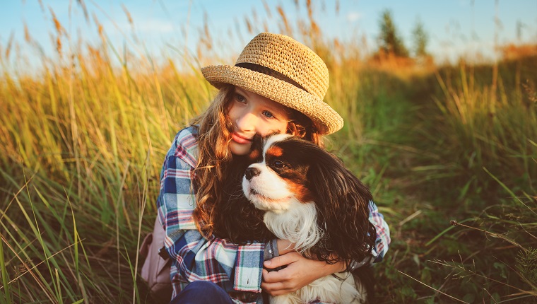 glückliches Kindermädchen, das Sommerferien mit ihrem Hund genießt, spazieren geht und auf sonniger Wiese spielt. Reisen, neue Orte erkunden und ländliches Wohnkonzept