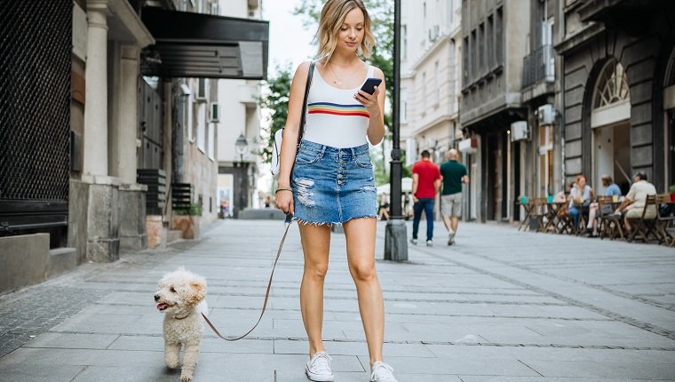 Junge Frau mit ihrem Hund, genießen Sie im Spaziergang in der schattigen Sommerstadtstraße