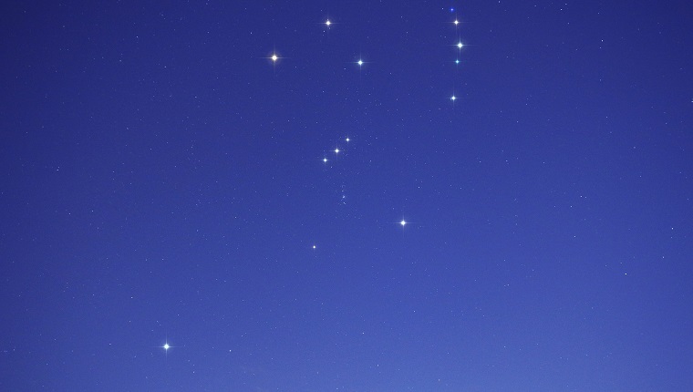 Nach Süden ausgerichteter Nachthimmel mit Sternspitzen, die die Positionen der Orion-Konstellation in Schmetterlingsform in der Mitte von oben nach Mitte anzeigen, sein Bogen auf der rechten Seite und sein Hund Sirius unter seinem linken Fuß auf der linken Seite. Das Bild wurde um 10 Uhr fotografiert