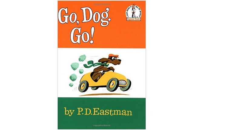 Titelbild für Go, Dog. Gehen! Ein Hund mit Mütze und Schal fährt ein gelbes Auto.