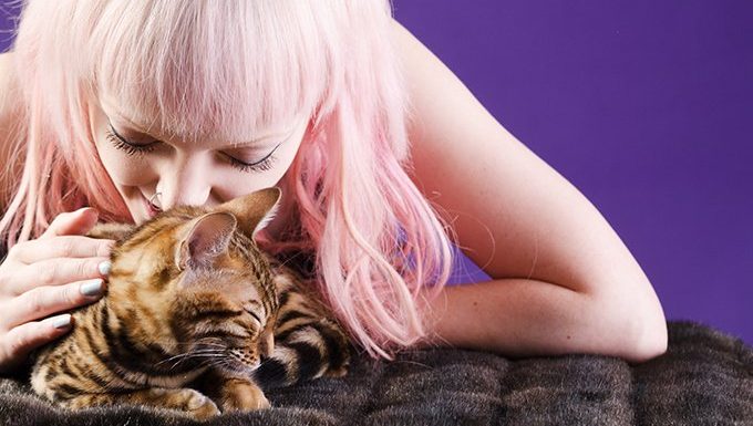 Frau mit rosa Haaren, die Katze massiert