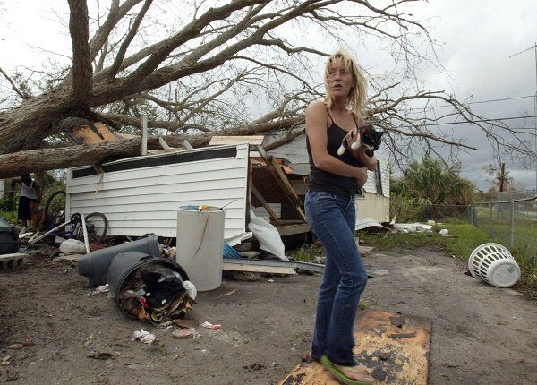 VERO BEACH, FL - SEPTEMBER 26: Levi Taylor rescues cats from the home of an elderly neighbor after a tree fell on the home due to high winds from Hurricane Jeanne September 26, 2004 in Vero Beach, Florida. Levi stated that she does not know where her elderly neighbor is and that she wanted to help by taking in her cats and dogs. (Photo by Joe Raedle/Getty Images)