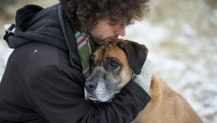 Junger kaukasischer Mann, der einen Wintermantel und einen Schal trägt, der seinen Hund liebevoll umarmt, um ihn zu trösten, während sie im Winter für einen Spaziergang durch einen verschneiten Wald unterwegs sind. Der Hund ist eine gemischte Rasse und hat eine braune und schwarze Farbe mit einem traurigen Gesichtsausdruck.