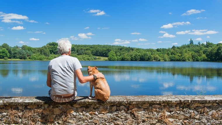 Älterer Mann mit altem braunem Hund an der Wand in der Naturlandschaft mit See