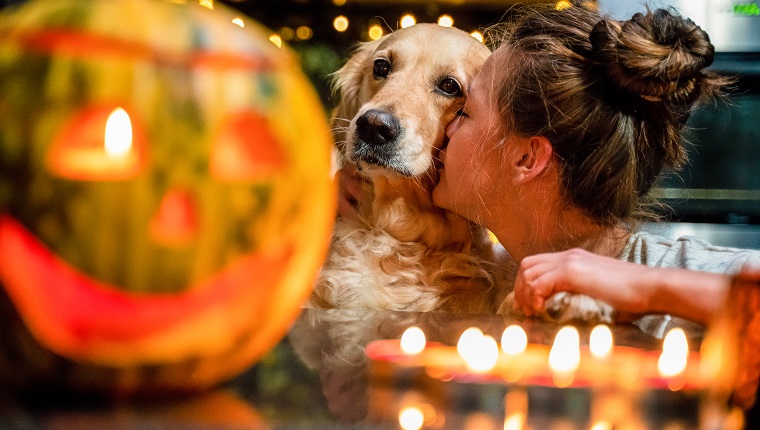 Frau, die Golden Retriever Hund Halloween Dekoration küsst. Die Szene befindet sich in einer Stadtwohnung in Sofia, Bulgarien (Osteuropa). Das Bild wurde mit einer Sony A7RIII Kamera aufgenommen.