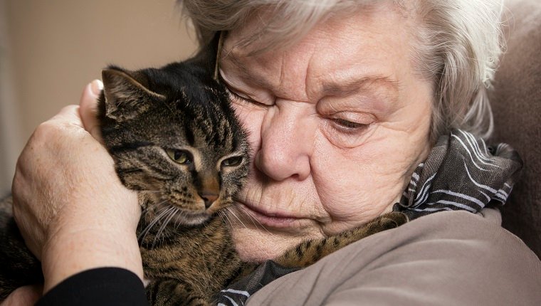 Porträt der älteren Frau, die mit ihrer Katze kuschelt