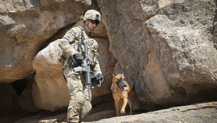 KANDAHAR, AFGHANISTAN - 28. FEBRUAR: SPC Daniel Jackson aus Centralia, Kansas und sein Hund Bailey mit der 904. Abteilung der Militärpolizei suchen in Höhlen nach Waffen-Caches während einer Patrouille mit dem 4. Geschwader 2d Kavallerieregiment der US-Armee am 28. Februar 2014 in der Nähe von Kandahar , Afghanistan. Verteidigungsminister Chuck Hagel gab kürzlich bekannt, dass er Vorbereitungen für einen vollständigen militärischen Rückzug aus Afghanistan trifft, da der afghanische Präsident Hamid Karzai sich weiterhin weigert, das bilaterale Sicherheitsabkommen zu unterzeichnen. Das 2. Kavallerieregiment des vierten Geschwaders ist für die Verteidigung des Flugplatzes Kandahar gegen Raketenangriffe von Aufständischen verantwortlich. (Foto von Scott Olson / Getty Images)