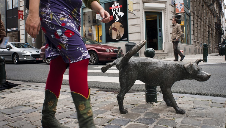 Zinneke Pis Bronzestatue (Tom Frantzen) des urinierenden Hundes an der Ecke der Rue du Vieux Marche aux Grains. Brüssel, Belgien. Laut lokaler Fachsprache wurde dieses Wort verwendet, um streunende Hunde zu bezeichnen, die ohne Besitzer durch die Stadt wandern, aber jetzt auch den Ausdruck des künstlerischen Schaffens der europäischen Bürger, die stolz darauf sind, Teil einer Mischung aus Kulturen und Wurzeln zu sein, zu einer Zeit, als die Rasse zunahm Spannungen entstehen und wo Politiker Angst und Hass fördern, um die Bürger zu spalten. 