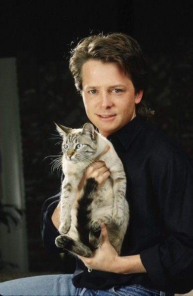 BEVERLY HILLS, CA - 1988: Schauspieler Michael J. Fox posiert mit seiner Katze während einer Foto-Porträt-Session 1988 in Beverly Hills, Kalifornien. Fox, dreimaliger Emmy-Preisträger für seine Arbeit im Fernsehen 
