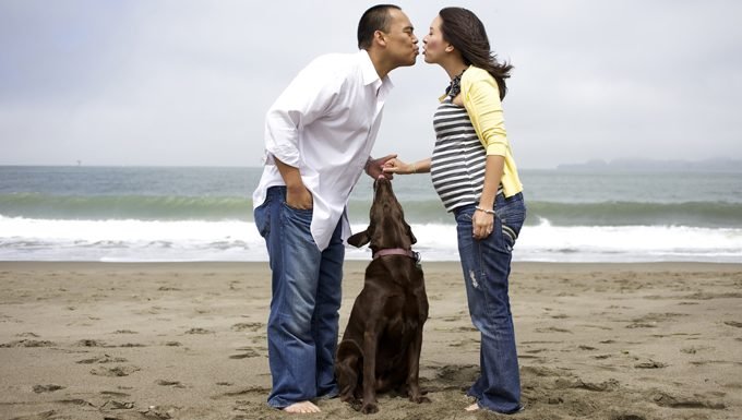 Menschen küssen sich am Strand mit Hund zu ihren Füßen