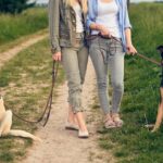 Two women walking their dogs on a rural dirt road in a close up cropped view of their bodies and the three dogs resting