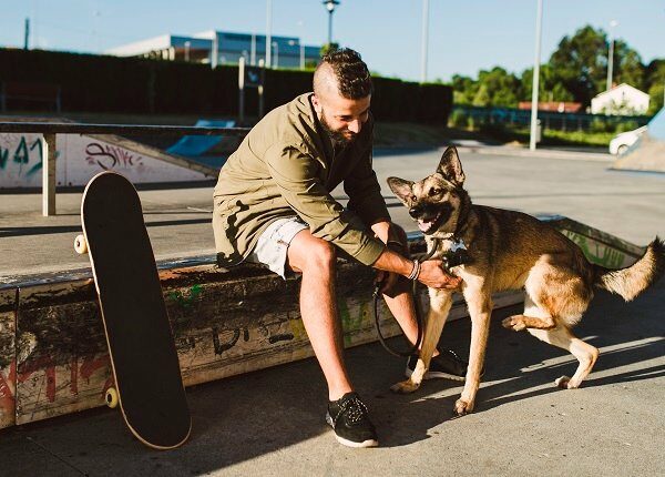 Young man playing with his dog in a skatepark