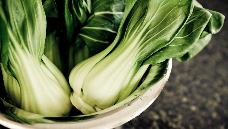 Fresh bok choy (chinese cabbage) in a collander.