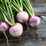 rustic organic turnips with fresh green tops and roots on genuine wood background for sustainable agriculture and vegetarian food, flat lay