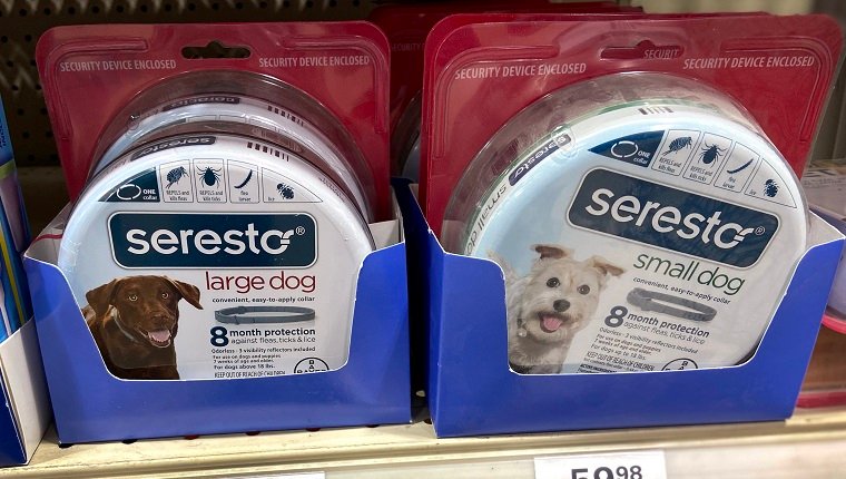 CHICAGO, ILLINOIS - MARCH 03: Seresto pet collars are offered for sale at a retail store on March 03, 2021 in Chicago, Illinois. According to U.S. Environmental Protection Agency documents, the flea and tick collars have been linked to hundreds of pet deaths and tens of thousands of pet injuries.