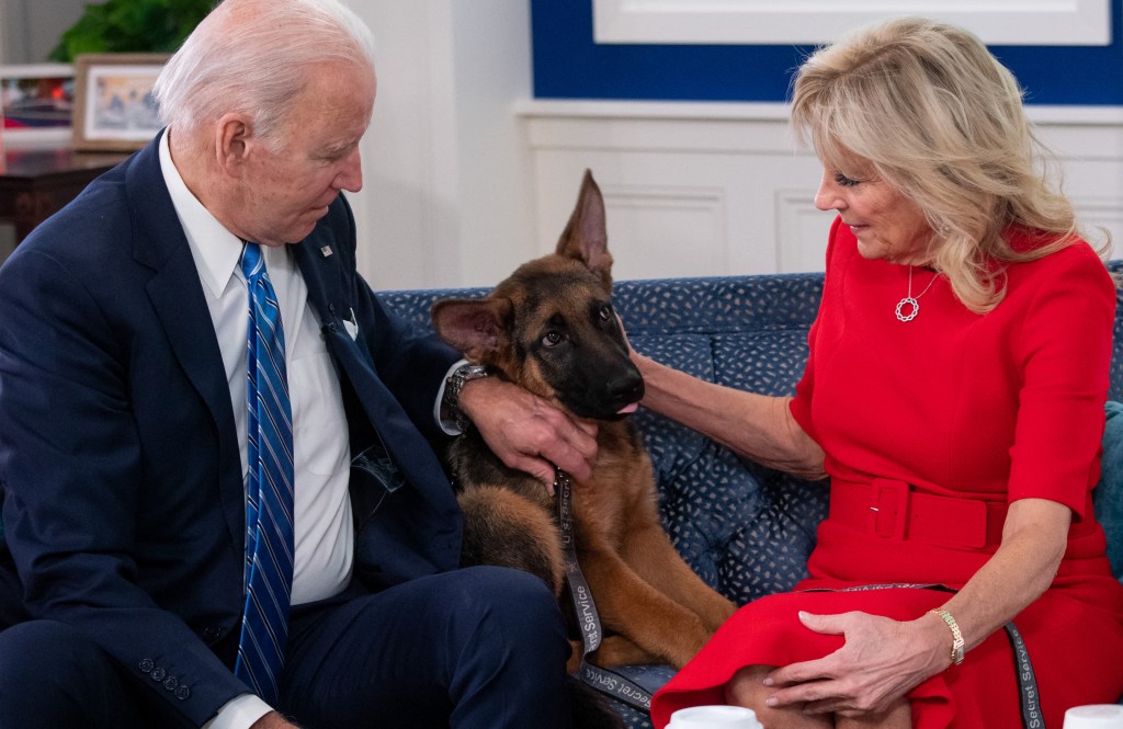 Präsident Joe Biden und First Lady Jill Biden sitzen mit dem Kommandanten des Deutschen Schäferhundes zusammen